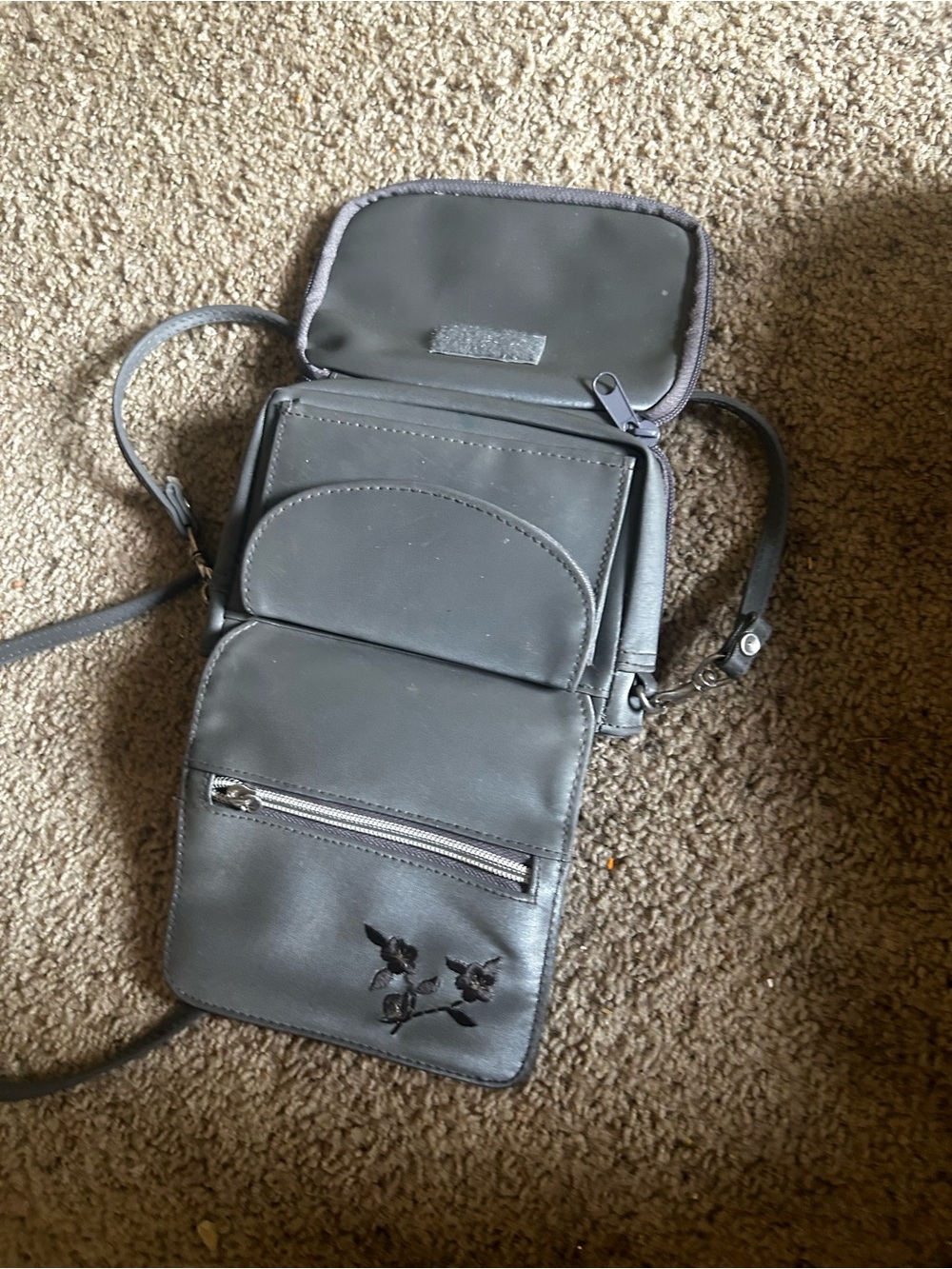Compact Gray Crossbody Phone Bag with Floral Accent